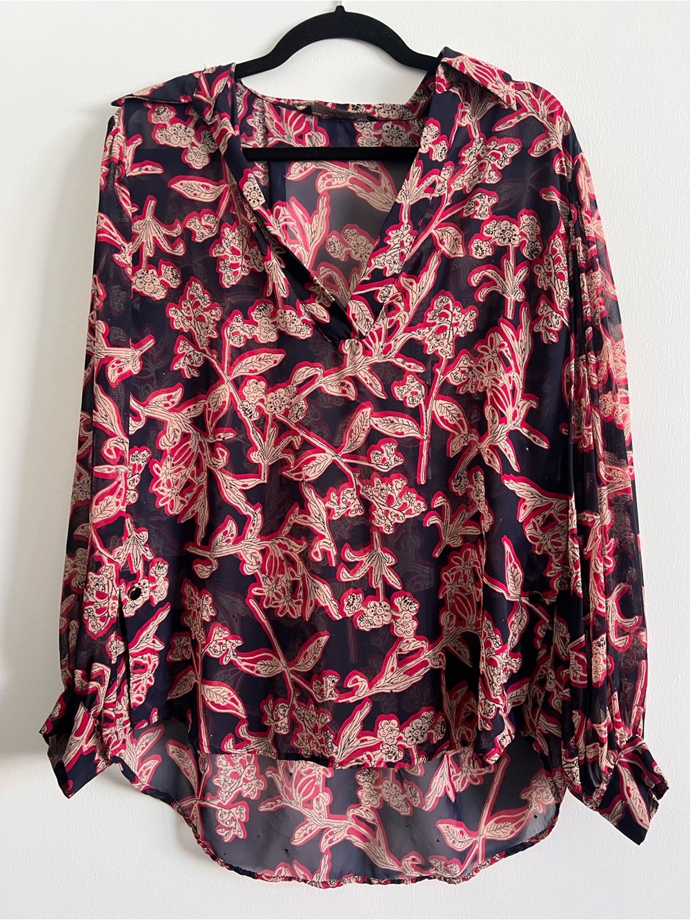 Floral Print V-Neck Sheer Long Sleeve Blouse - Navy & Pink